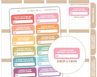 May include: A sheet of planner stickers with a book challenge theme. The stickers are rectangular with rounded corners and feature phrases like "A Book You Own But Have Never Read" and "A Book Picked Entirely on Cover". Each sticker is 3.8cm x 1.6cm.