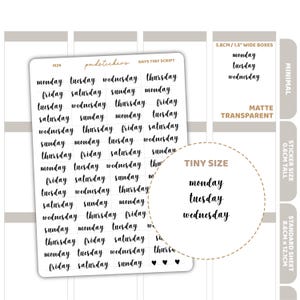 Days Tiny Script Word Stickers | Minimal Planner Stickers | M26