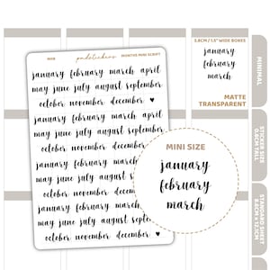 Maanden miniscriptstickers | Minimale plannerstickers | M08