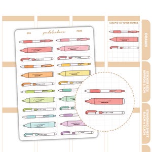 May include: A sticker sheet featuring drawn pens and highlighters in various colors, including pink, orange, yellow, green, blue, and purple. The sheet includes the text "pndstickers" and "PENS". The sticker sheet is approximately 8.6cm x 12.1cm.