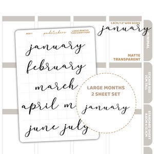 May include: A sheet of matte, transparent stickers featuring the months of the year in a thin script font. The months January, February, March, April, June, and July are visible. The sticker sheet is labeled "Large Months 2 Sheet Set."