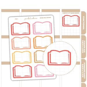 Może przedstawiać: Arkusz naklejek do planera z motywami otwartych książek w różnych odcieniach pomarańczu i różu. Naklejki są oznaczone jako "Book Half Boxes" i zawierają tekst "3.8CM/1.5" WIDE BOXES", "FUNCTIONAL", "STICKER SIZE 3.8CM x 2.5CM", i "STANDARD SHEET 8.6CM x 12.1CM".