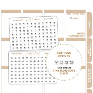 Pode incluir: Duas folhas de autocolantes com pequenos ícones pretos de caixas de presente e flores. O texto "Tiny Icon Dots" e "Grocery Bag" são visíveis. Os autocolantes são mate e transparentes. O tamanho do autocolante é de 0,5 cm. As meias folhas medem 8,6 cm x 5,8 cm.