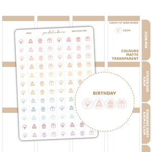 Puede incluir: Una hoja de pegatinas coloridas con temática de cumpleaños. Las pegatinas presentan ilustraciones de globos, pasteles, cupcakes y cajas de regalo. La hoja incluye el texto "Birthday Mix" y "Birthday". La hoja de pegatinas mide 8,6 cm x 12,1 cm.