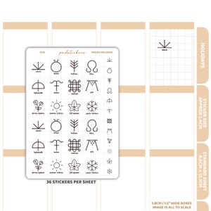 May include: A sheet of stickers featuring Pagan holiday symbols in black. The sheet includes symbols for Imbolc, Ostara, Beltane, Litha, Lughnasadh, Mabon, Samhain, Yule, and equinoxes and solstices. The sticker sheet is approximately 3.4 inches by 4.8 inches.
