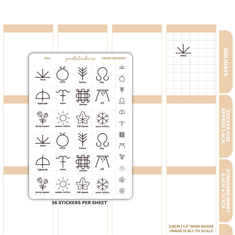 May include: A sheet of stickers featuring Pagan holiday symbols in black. The sheet includes symbols for Imbolc, Ostara, Beltane, Litha, Lughnasadh, Mabon, Samhain, Yule, and equinoxes and solstices. The sticker sheet is approximately 3.4 inches by 4.8 inches.