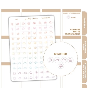 Peut inclure: Une planche d'autocollants sur le thème de la météo avec des icônes de soleil, de nuage, de pluie et d'éclair. Les autocollants sont de différentes couleurs et sont étiquetés "Weather Mix" et "pondstickers". La feuille mesure 8,6 cm x 12,1 cm.