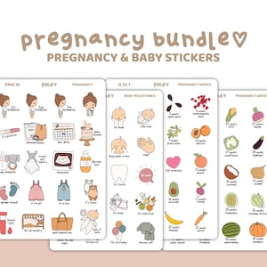 Op de afbeelding: Een set zwangerschaps- en baby-stickers met illustraties. De stickers bevatten mijlpalen, babyartikelen en zwangerschapsweken. De tekst "pregnancy bundle" en "pregnancy & baby stickers" staat bovenaan.