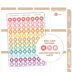 May include: A sticker sheet featuring rows of small circular appointment icons in a gradient of colours. Each sticker is 0.8 cm in diameter and displays a calendar symbol with a checkmark. The sheet includes text labels like COLOUR ICON DOTS.