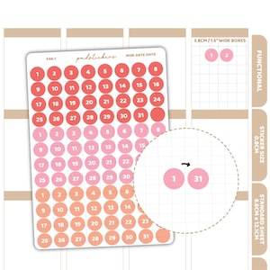 May include: A sticker sheet featuring rows of circular date dots in shades of coral, pink, and peach, numbered 1 through 31. The sheet includes the text F46-1, pmdstickers, and MINI DATE DOTS. A circular inset shows two 0.8 cm stickers labeled 1 and 31.