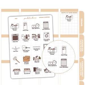 May include: A sticker sheet with a spring cleaning theme. The sheet features various illustrated icons of household items and tasks, such as a refrigerator, washing machine, and oven. Text includes "Spring Cleaning" and cleaning tasks. The sheet is 8.6cm x 12.1cm.