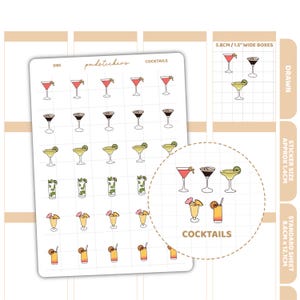 May include: A sticker sheet featuring various cocktail illustrations. The sheet includes drawings of martinis, margaritas, mojitos, and other mixed drinks. The sticker sheet is approximately 8.6cm x 12.1cm.