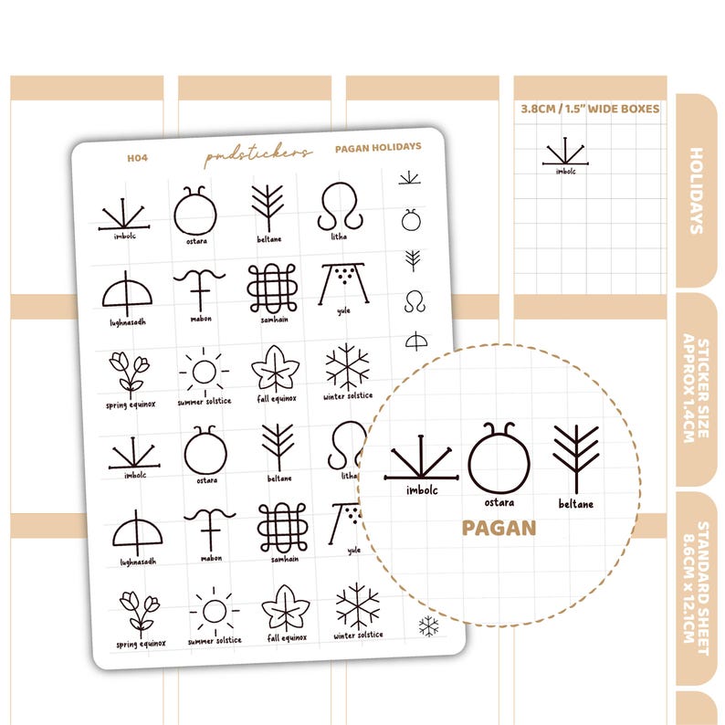 May include: A sheet of Pagan Holidays stickers with black line art symbols for various holidays. The sheet includes symbols for Imbolc, Ostara, Beltane, and others. The stickers are designed for use in planners and journals.