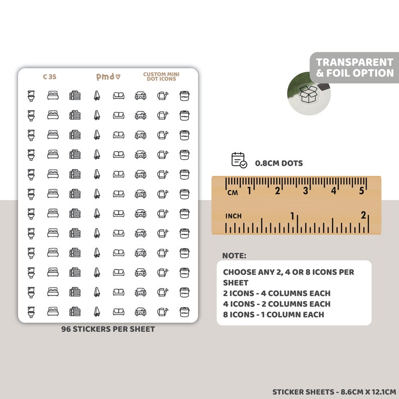 Custom Mini Icon Dot Stickers Any 2, 4 or 8 Icons per sheet Minimalist Planner Stickers C35 image 2