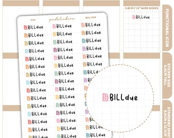 May include: A sticker sheet featuring multiple rows of small, colorful document icons paired with the black text "BILLdue". Each sticker is designed for 1.5 inch wide planner boxes. The sheet includes various pastel-colored icons and clear labels.