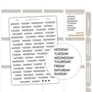 Days Minimal Font Stickers | Minimal Planner Stickers | M01
