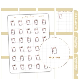 Peut inclure: Une planche d'autocollants avec un motif répété de smartphones de style dessin animé avec un visage sur l'écran, soulignés en marron rougeâtre. Le mot "FACETIME" est imprimé sur la planche. Taille de l'autocollant : environ 1,4 cm.