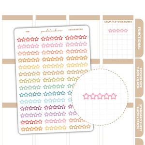 May include: A sheet of star rating stickers in a range of colours. The stickers feature a five-star rating design. The sheet includes a close-up of a pink star rating. The sticker sheet measures 8.6cm x 12.1cm.