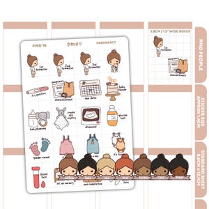 Op de afbeelding: Een stickervel met illustraties over zwangerschap. Bevat afbeeldingen van een zwangerschapstest, babykleertjes, een kalender, een taart en een babyfles. De sheet bevat ook tekst als "1e trimester", "babyshower" en "gender reveal". Het stickervel is ongeveer 8,6 cm x 12,1 cm groot.