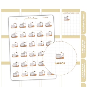May include: A sheet of stickers featuring a repeating design of a laptop and a character with a heart. The stickers are light brown, grey, and white. The text "LAPTOP" is visible. The sticker sheet is 8.6cm x 12.1cm.
