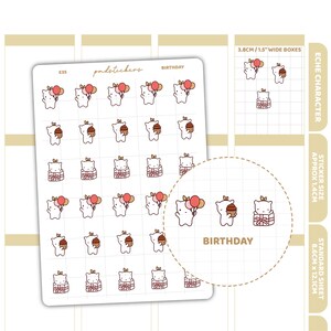 May include: Sheet of stickers featuring a white cat character with a bow, holding balloons, a cupcake, and a gift. The word "BIRTHDAY" is printed on the sheet. Sticker size is approximately 1.4cm.