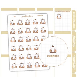 May include: A sheet of stickers showing a white cat meditating on a brown mat. Each sticker is approximately 1.4cm in size and includes the word "MEDITATE". The sheet is designed for 3.8cm wide boxes.