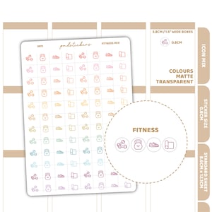 May include: A sheet of fitness planner stickers featuring icons of dumbbells, kettlebells, trainers, and yoga mats. The stickers are in a range of colours, including pink, orange, yellow, green, blue, and purple. The text "Fitness Mix" is visible.