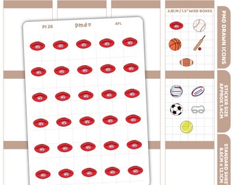 Sport Stickers | AFL, Baseball, Basketball, Cricket, Football, Netball, Rugby, Soccer, Swimming, Tennis | PMD Drawn Icon Stickers| PI26