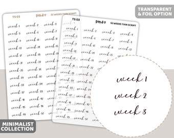 52 Weeks Thin Script Word Stickers | Minimalist Planner Stickers | TS03