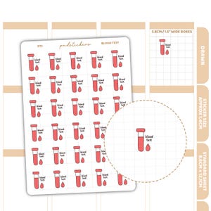 Op de afbeelding: Vel stickers met rode illustraties van bloedtestbuizen en de tekst "blood test". De stickers staan op een witte achtergrond. De vellen bevatten ook een close-up van een enkele sticker en afmetingen in cm.