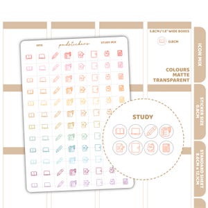 May include: A sheet of study-themed stickers with various icons, including books, laptops, pencils, and calculators. The stickers are in a grid pattern with a color gradient. The text "STUDY MIX" and "pondstickers" are visible.
