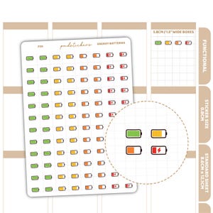 May include: A sheet of planner stickers with battery icons in green, yellow, orange, and red, with a lightning bolt symbol. The stickers are labelled "Energy Batteries" and are 3.8cm wide.