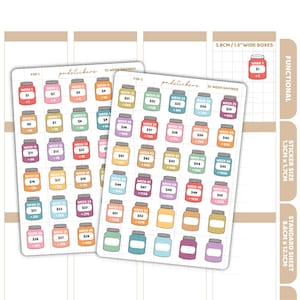 May include: Two sheets of 52-week savings stickers featuring colourful jar illustrations. Each jar is labelled with a week number and a monetary amount. The stickers are arranged in a grid pattern on a white background with grid lines. The text 3.8CM / 1.5" WIDE BOXES is visible on the right side.