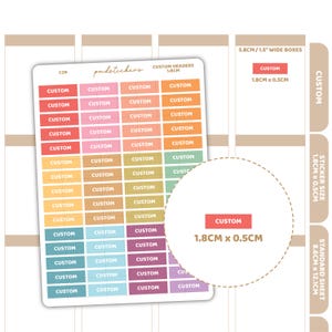 May include: A sheet of rectangular adhesive labels featuring the word CUSTOM in white text on various coloured backgrounds including red, pink, orange, yellow, green, blue, and purple. Each individual label measures 1.8 cm by 0.5 cm.