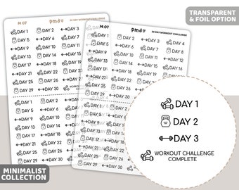 30 Day Workout Challenge Minimal Font Stickers | Minimalist Planner Stickers | M07