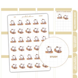 Op de afbeelding: Vel stickers met een schattig kattenpersonage dat studeert en slaapt. De stickers zijn wit met bruine accenten, en het woord "STUDY" is gedrukt. De sticker vellen meten 8,6 cm x 12,1 cm.