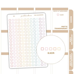 May include: A sheet of tiny, colourful square stickers with the text "Tiny Checkboxes" and "pondstickers." The stickers are 0.5cm in size and are matte and transparent. The sheet is 8.6cm x 12.1cm.
