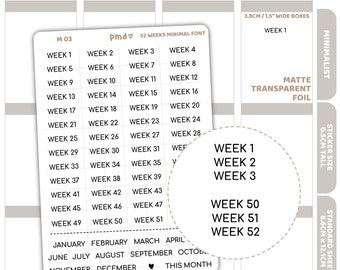 52 Weeks Minimal Font Stickers | Minimalist Planner Stickers | M03