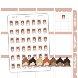 May include: A sheet of stickers with cartoon illustrations of people on smartphones. The stickers are labelled "PMD 51" and "Facetime." The sticker size is approximately 1.4cm. The sheet also includes a banner with names: Willow, Luna, Isla, Aria, Harper, Cora, and Maya.