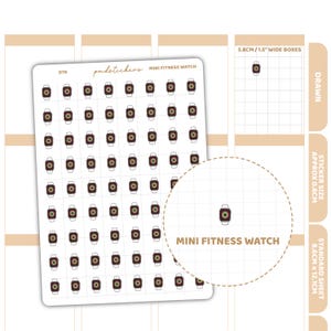 Puede incluir: Hoja de pegatinas con diseños de mini relojes deportivos. Cada reloj tiene un cuerpo rectangular rojo oscuro con una pantalla circular verde y una correa blanca. También incluye el texto "Mini Fitness Watch".