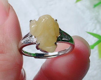 Bague en argent S925 incrustée de jade jaune clair naturel « Golden Toad », la taille peut être ajustée librement