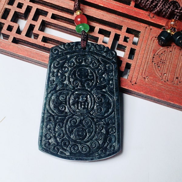 Natural dark green jadeite jade "antique carving rune square card" fashionable and atmospheric pendant for men and women