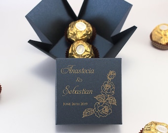 50 Navy Blue Favor Boxes for Guests - Personalized, couple names, wedding date - Wedding Roses Logo Print - Small Gift Boxes with Lids