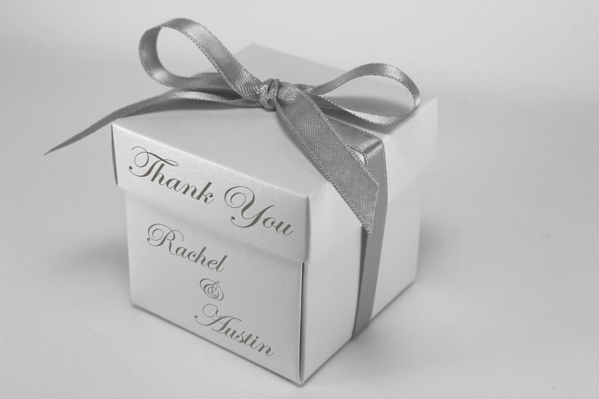 35 White Wedding Favor Boxes Personalized Custom Text Printed Ribbon