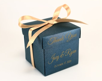 35 Navy Blue and Gold Favor Boxes - Elegant Wedding Thank You Boxes with Ribbon, Custom Personalized Bomboniere Boxes Navy Blue & Silver