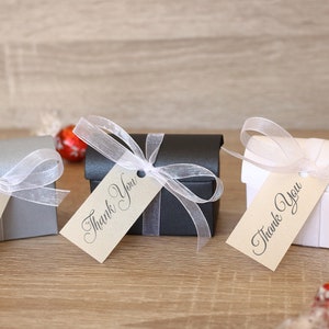 Silver Wedding Favor Boxes, 12 Small Personalized Gift Boxes with Ribbon, Elegant Candy Boxes Sweet Treat Boxes, Treasury Chest Party Favors