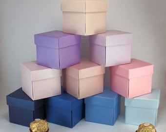 10 Small Favor Boxes with Lids, Square Boxes for Weddings Bridal Shower Birthday Baby Shower Candy Gifts, Various colors Clear Boxes