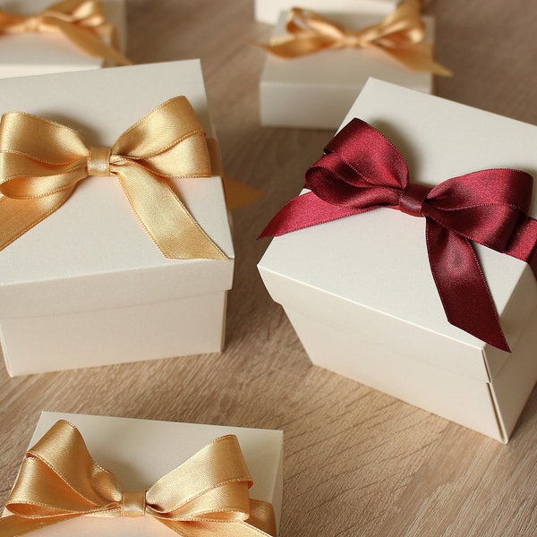 10 Wedding Favor Boxes, 4x4x4 Cube Boxes with Ribbon Bow for Wedding Gifts, Cupcake Party Boxes, Luxury Cardboard Boxes