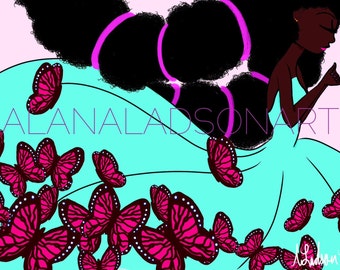 Butterflies II // African American Nature Butterfly Print // Pastel Colors Pink & Cyan Natural Hair Afro