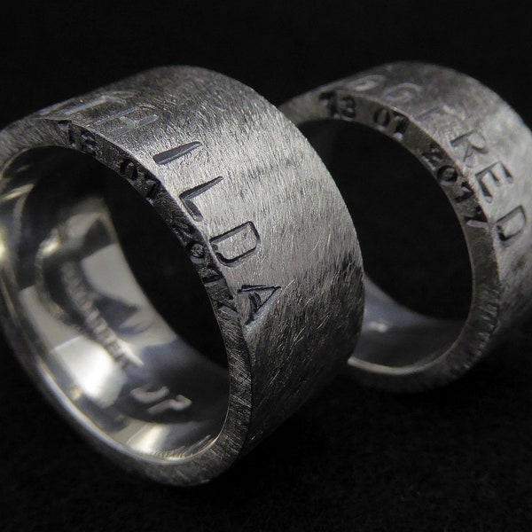 Partner rings, wedding rings, personalized name & date wedding rings silver